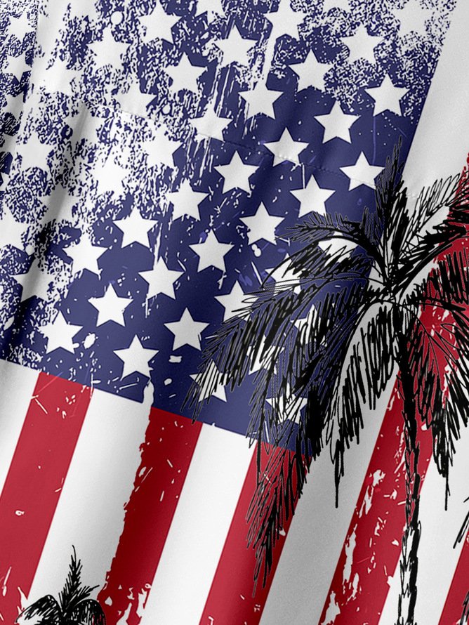 Tall Size Moisture-wicking Palm Tree American Flag Chest Pocket Hawaiian Shirt