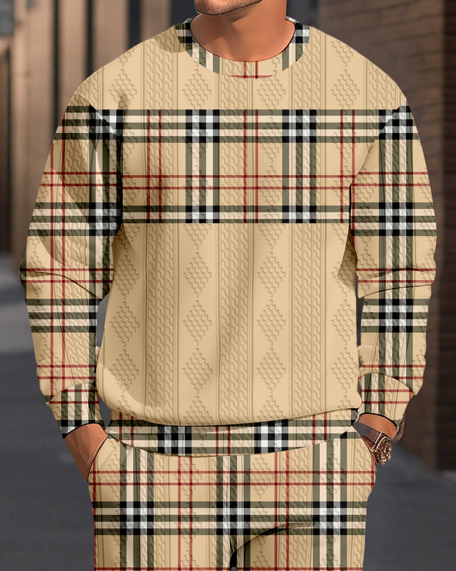 Men's Textured Jacquard Crew Neck Casual Sports Set 080