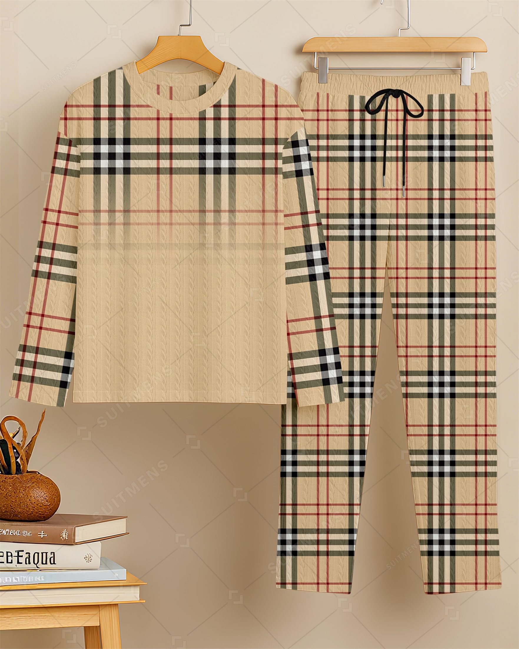 Men's New Colorblock Print Textured Long Sleeve Pants Set 0012