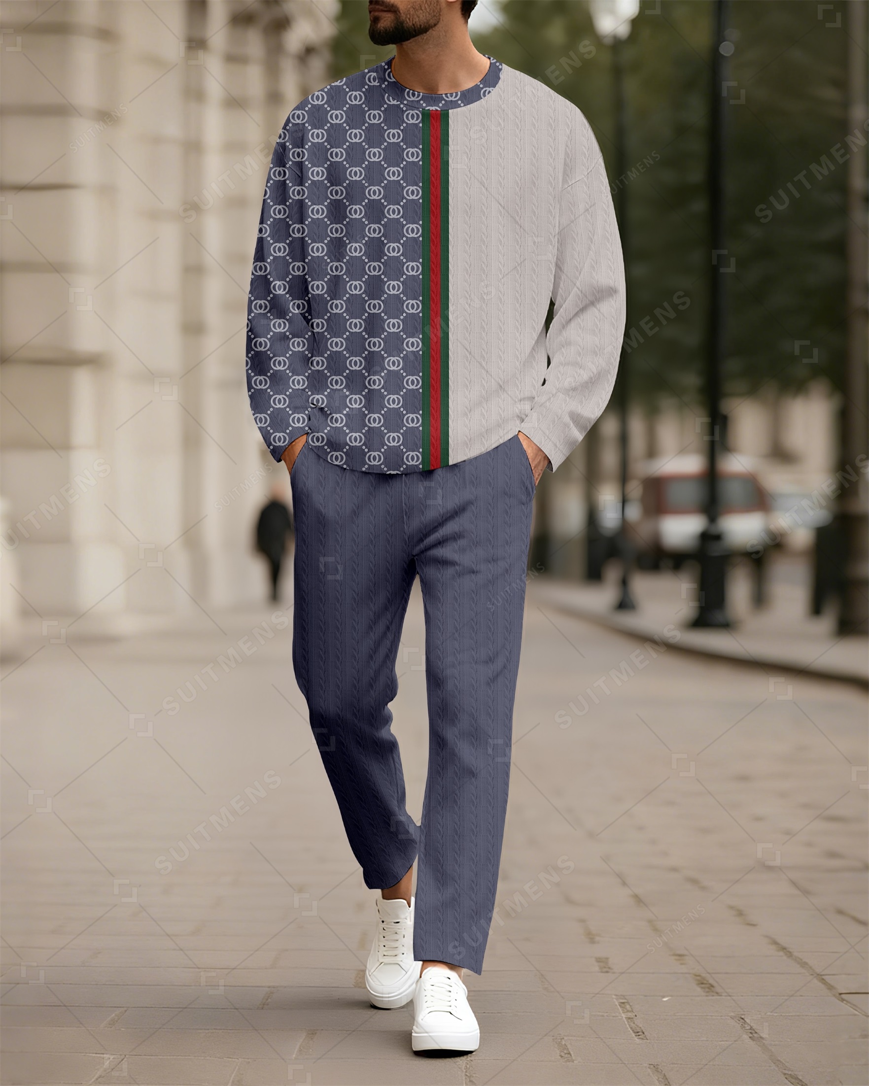 Men's New Colorblock Print Textured Long Sleeve Pants Set 0011