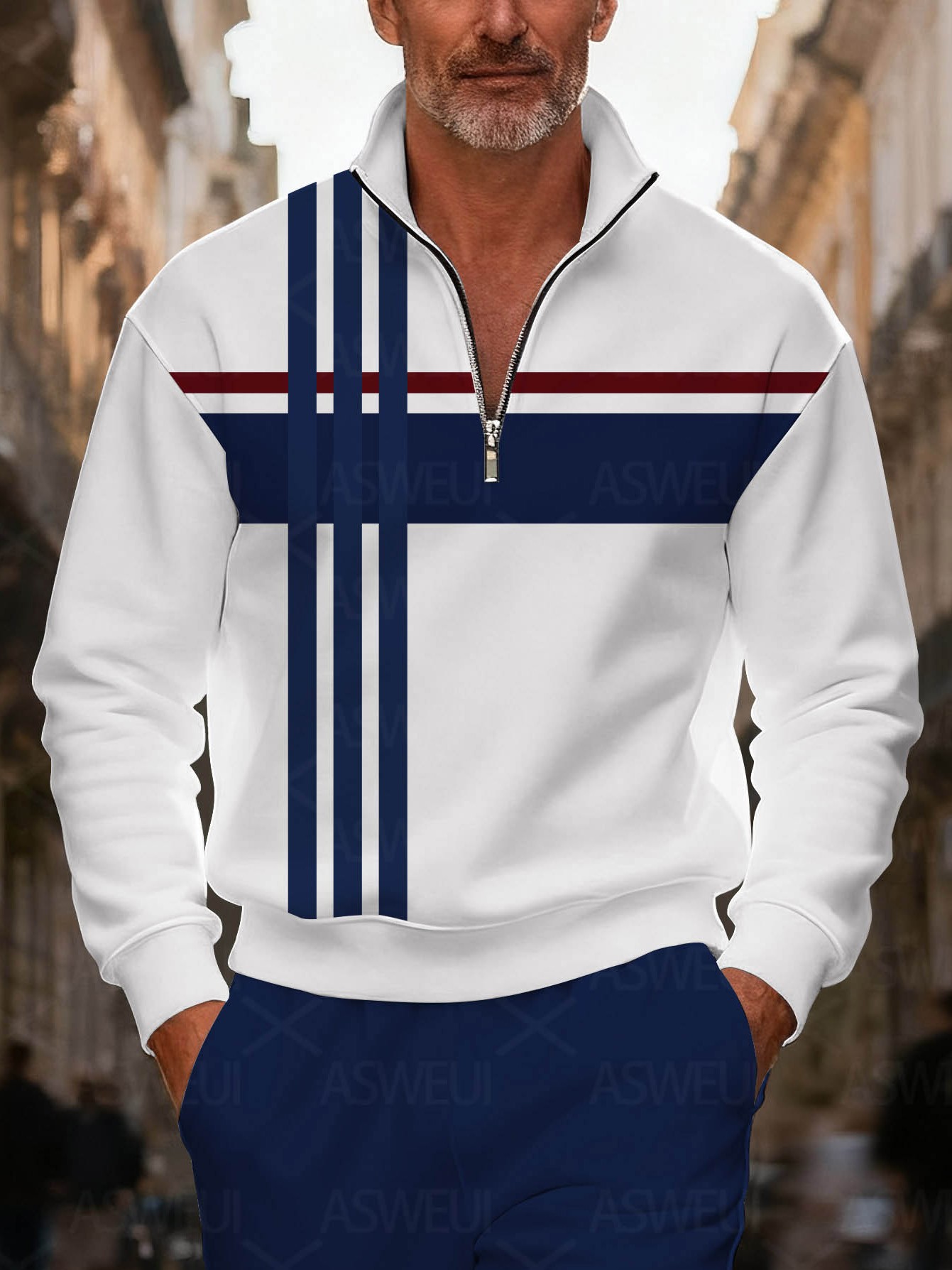 Men's fashionable casual blue and white geometric print zipper long-sleeved two-piece set