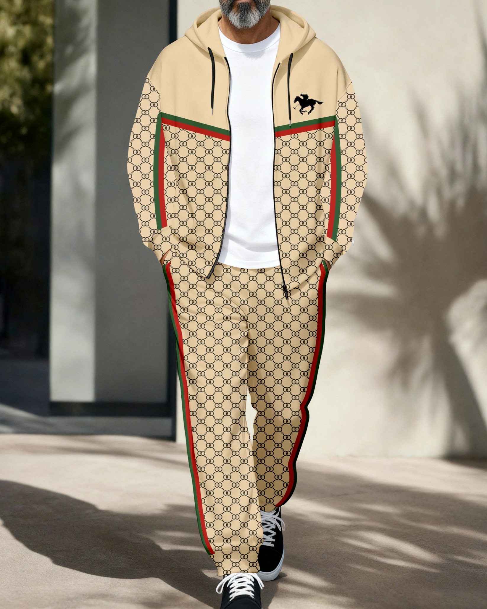 Men's Retro Luxury Thickened Fleece Colorblock Jacket Sports Hoodie Set 02