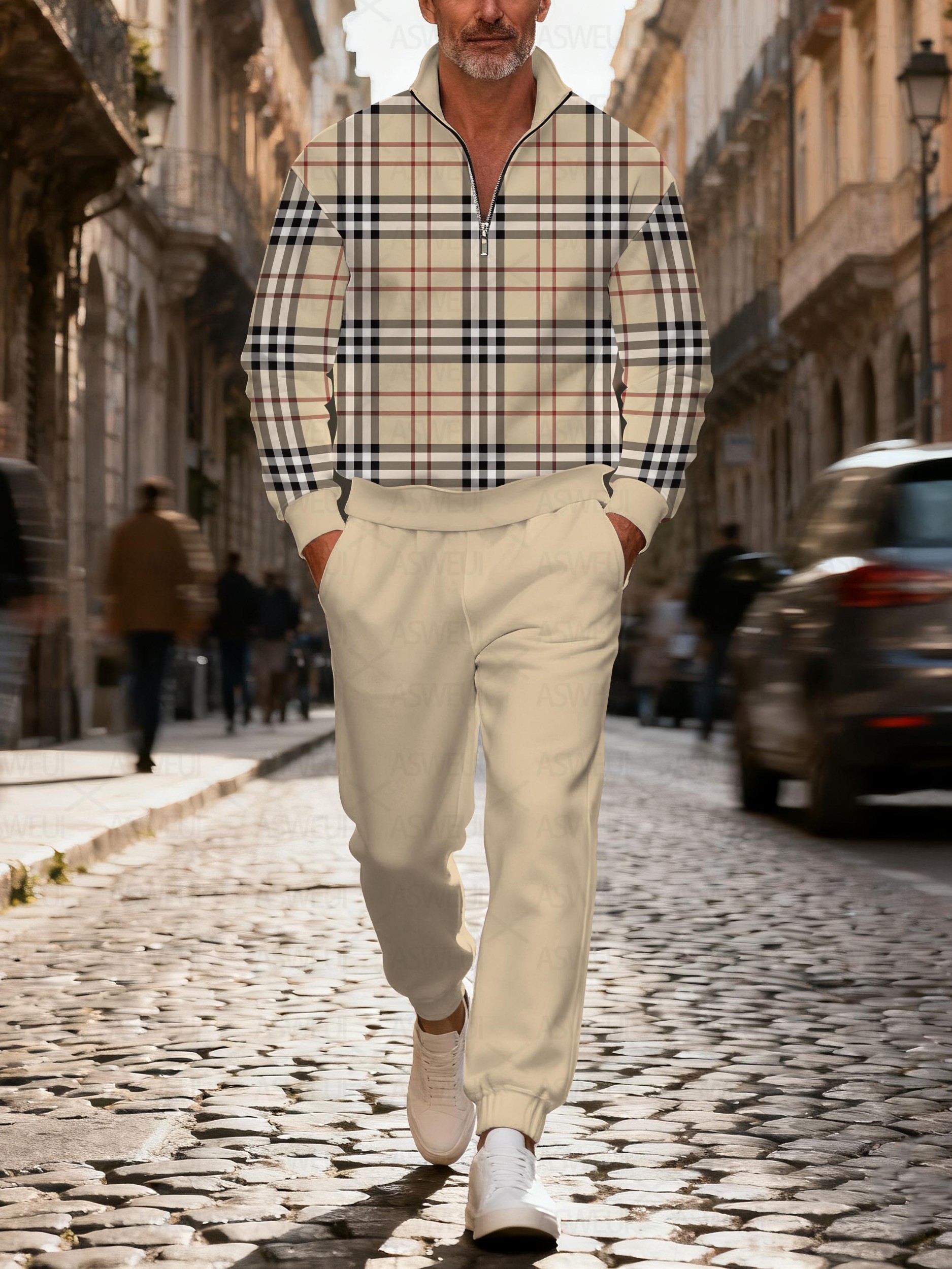 Men's stylish casual khaki checkered print zipper long-sleeved two-piece set