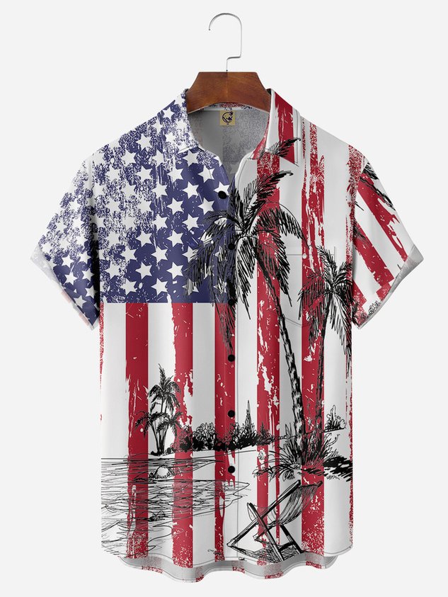 Tall Size Moisture-wicking Palm Tree American Flag Chest Pocket Hawaiian Shirt