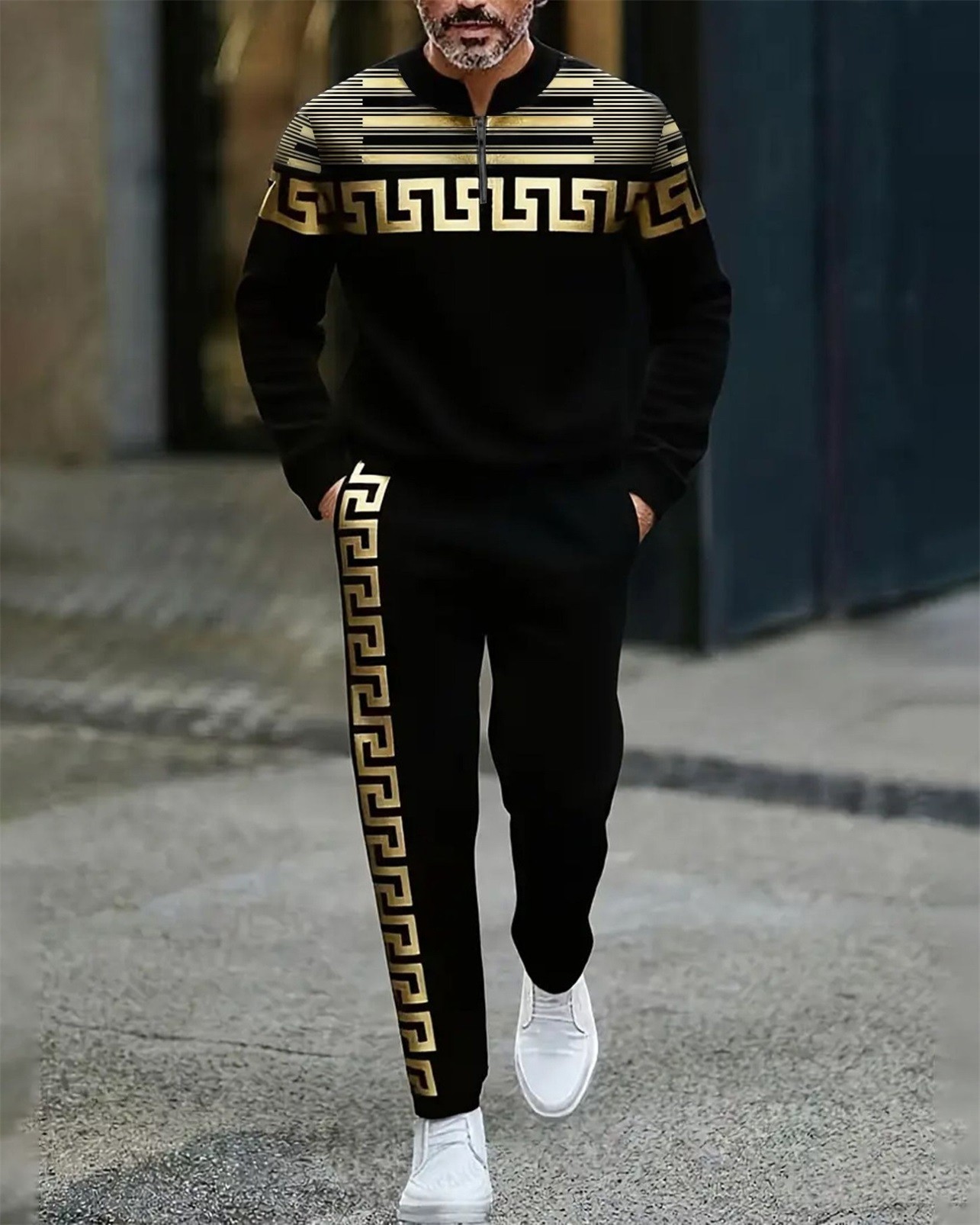 Men's Luxurious Printed Long Sleeve Trousers Suit 035