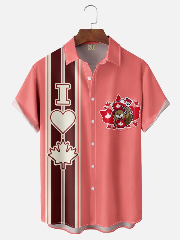 Moisture-wicking "I Love Canada" Art Canada Day Chest Pocket Bowling Shirt