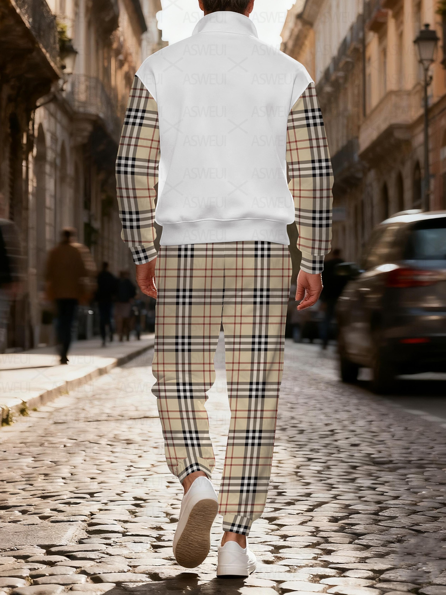 Men's stylish casual checkered print zipper long-sleeved two-piece set