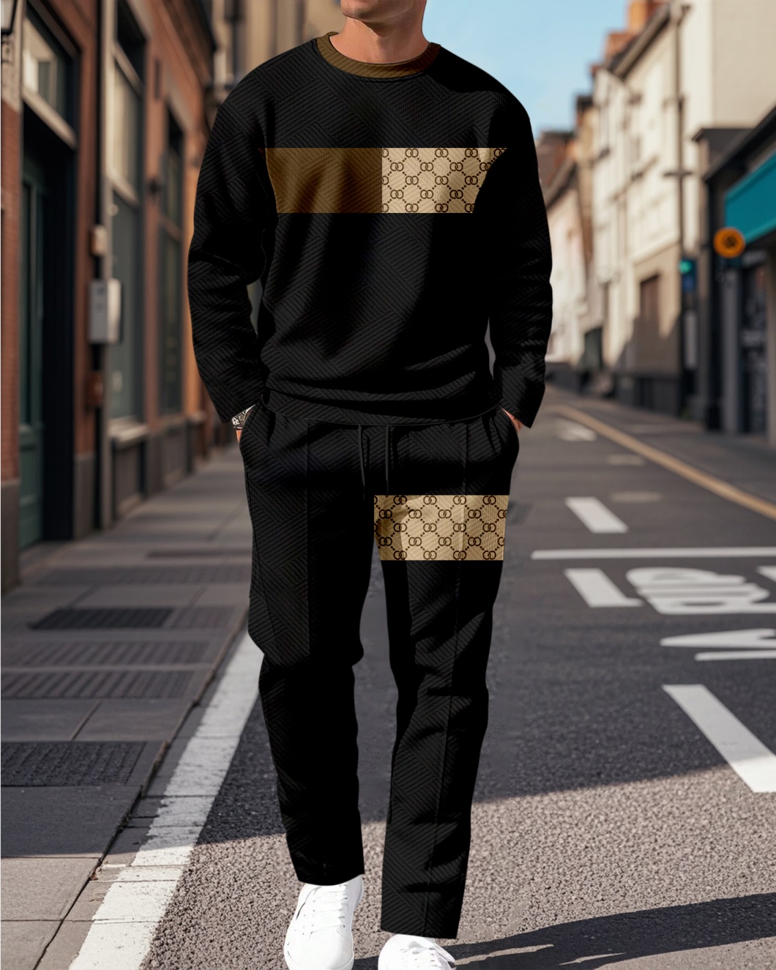 Men's Colorblock Printed Textured Long Sleeve -Sleeved Trousers Suit 037