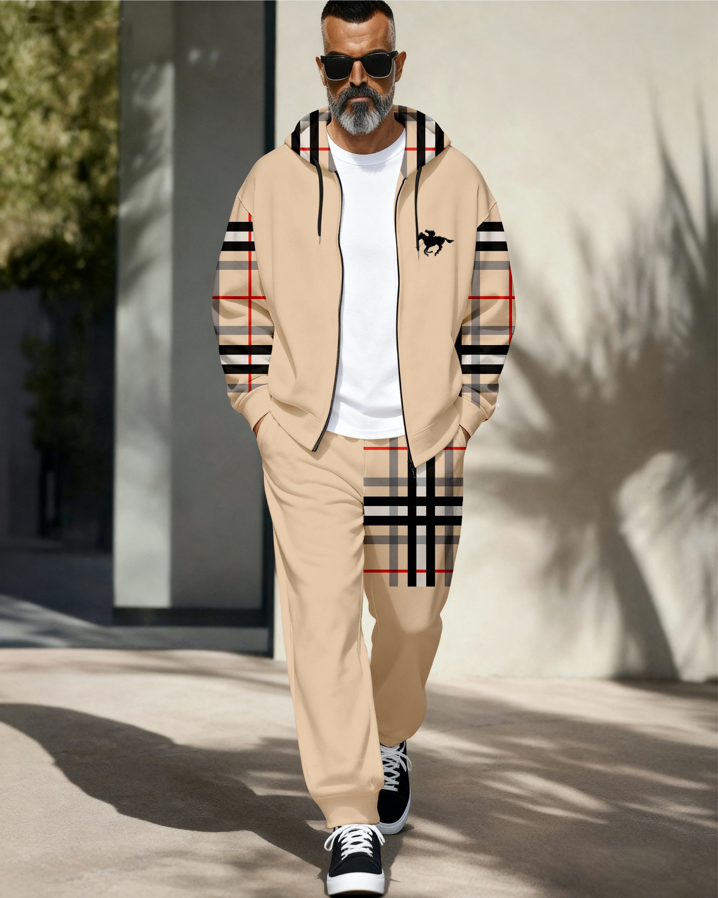 Men's Retro Luxury Thickened Fleece Colorblock Jacket Sports Hoodie Set 01