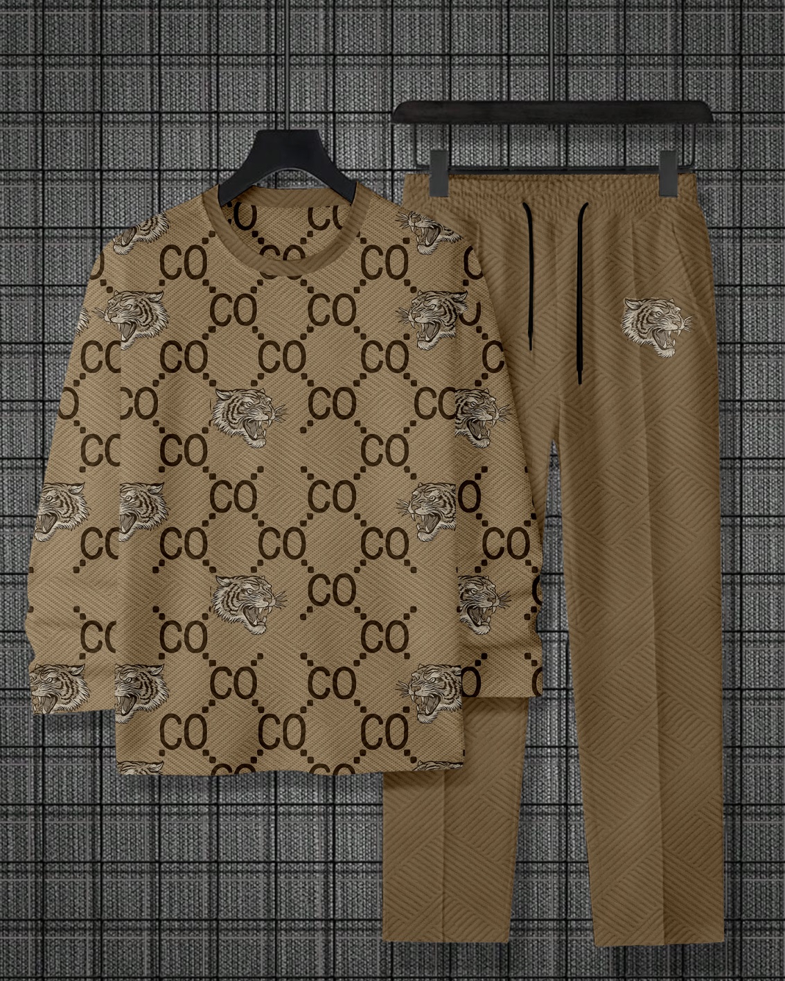 Men's Colorblock Printed Textured Long Sleeve -Sleeved Trousers Suit 041