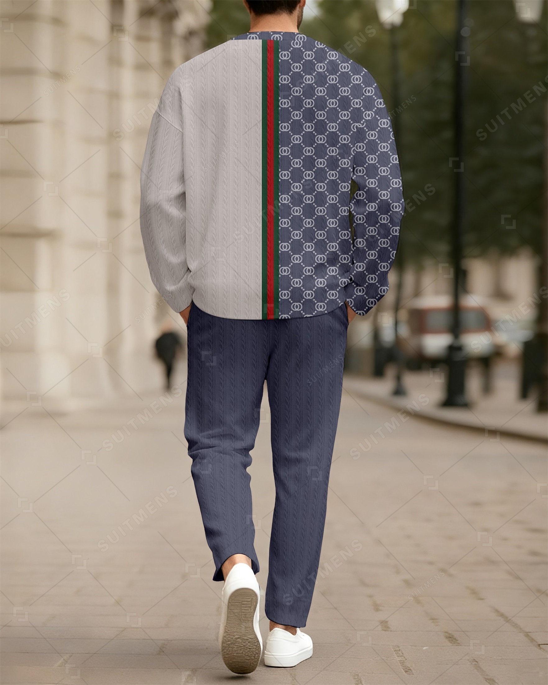 Men's New Colorblock Print Textured Long Sleeve Pants Set 0011