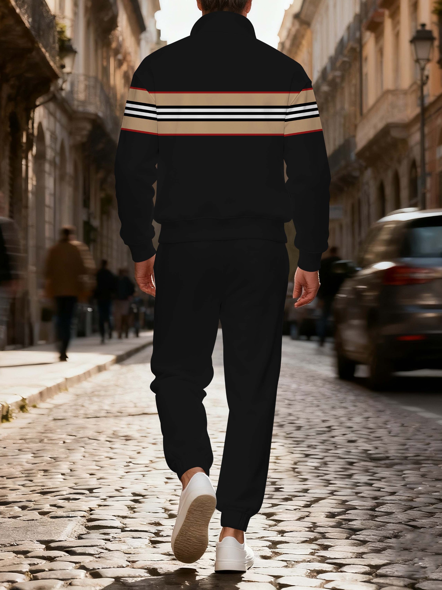 Men's stylish casual striped zipper long-sleeved two-piece set