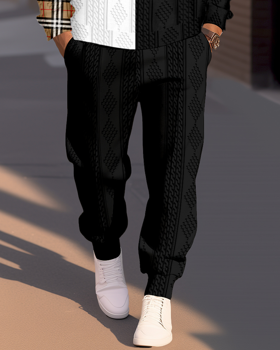 Men's Textured Jacquard Round Neck Casual Sports Set  019