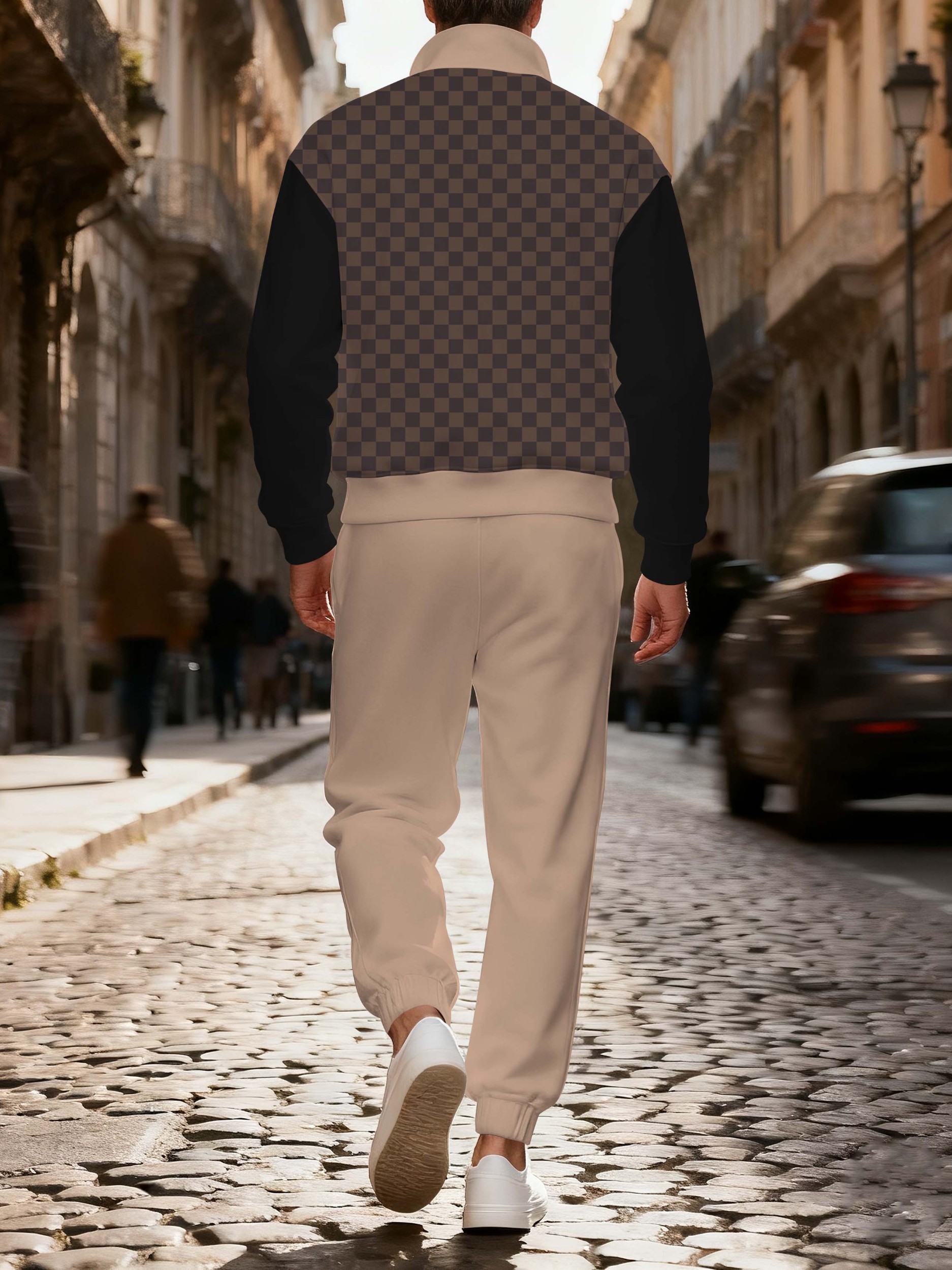 Men's casual brown checkered zipper long-sleeved two-piece set