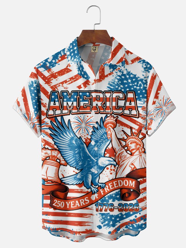 Moisture Wicking American Flag Statue of Liberty American Eagle 250th Anniversary Chest Pocket Holiday Shirt