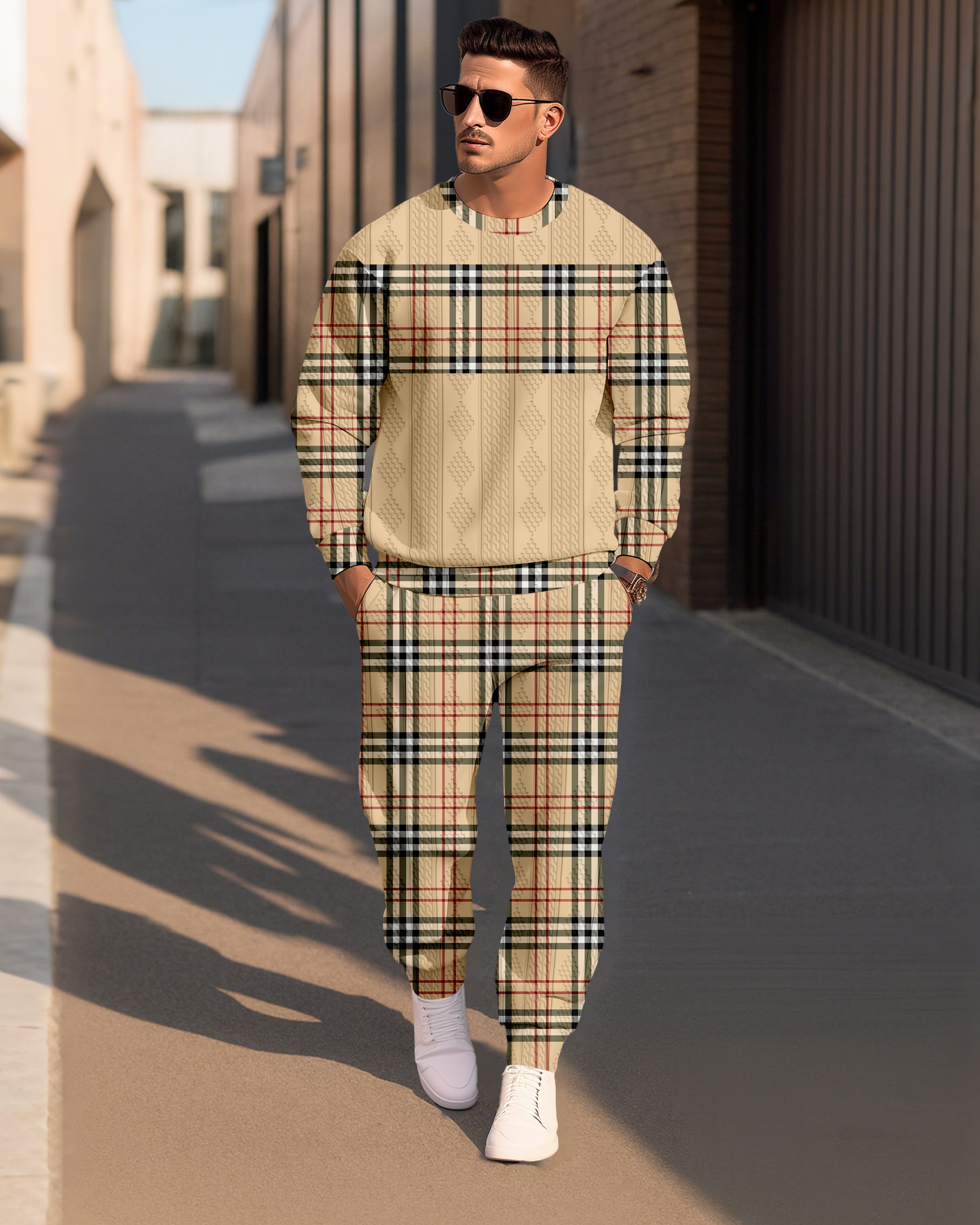 Men's Textured Jacquard Crew Neck Casual Sports Set 080