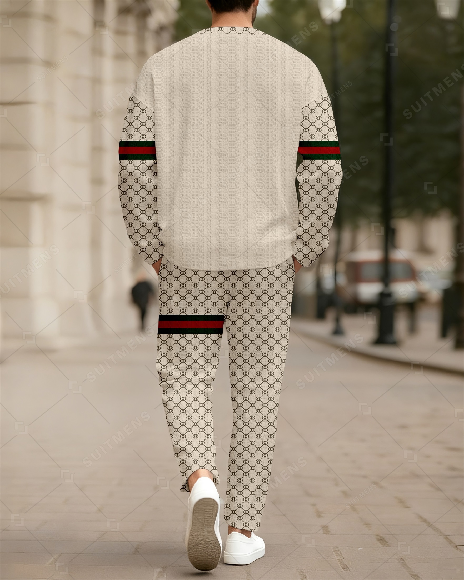 Men's New Colorblock Print Textured Long Sleeve Pants Set 001