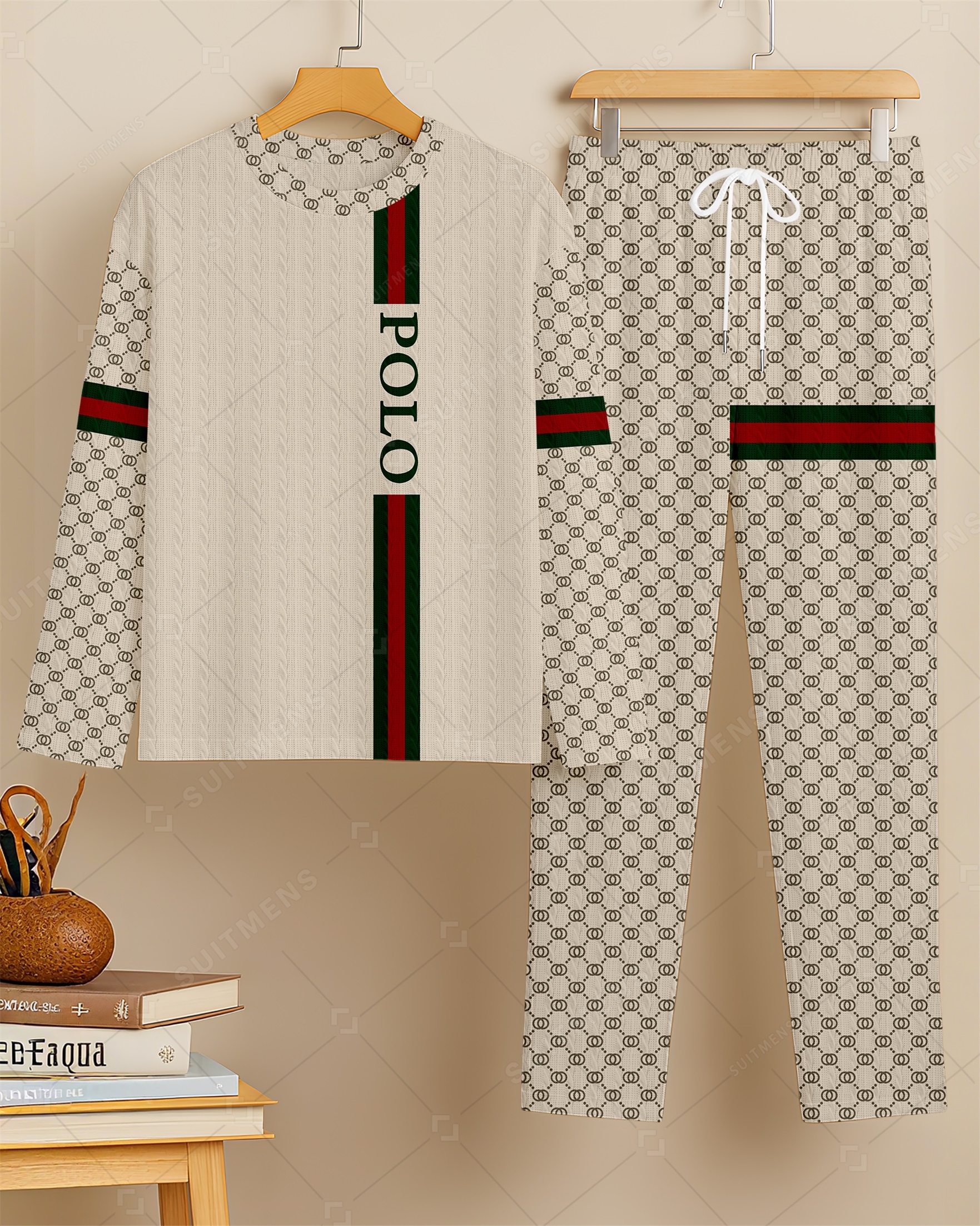 Men's New Colorblock Print Textured Long Sleeve Pants Set 001