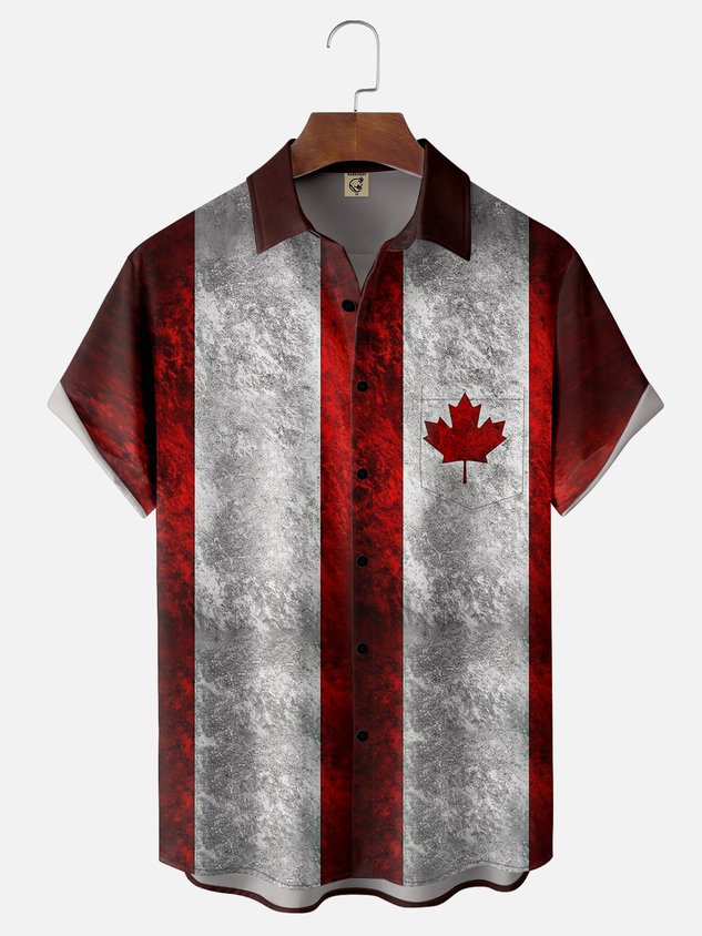 Moisture Wicking Canada Day Maple Leaf Chest Pocket Bowling Shirt