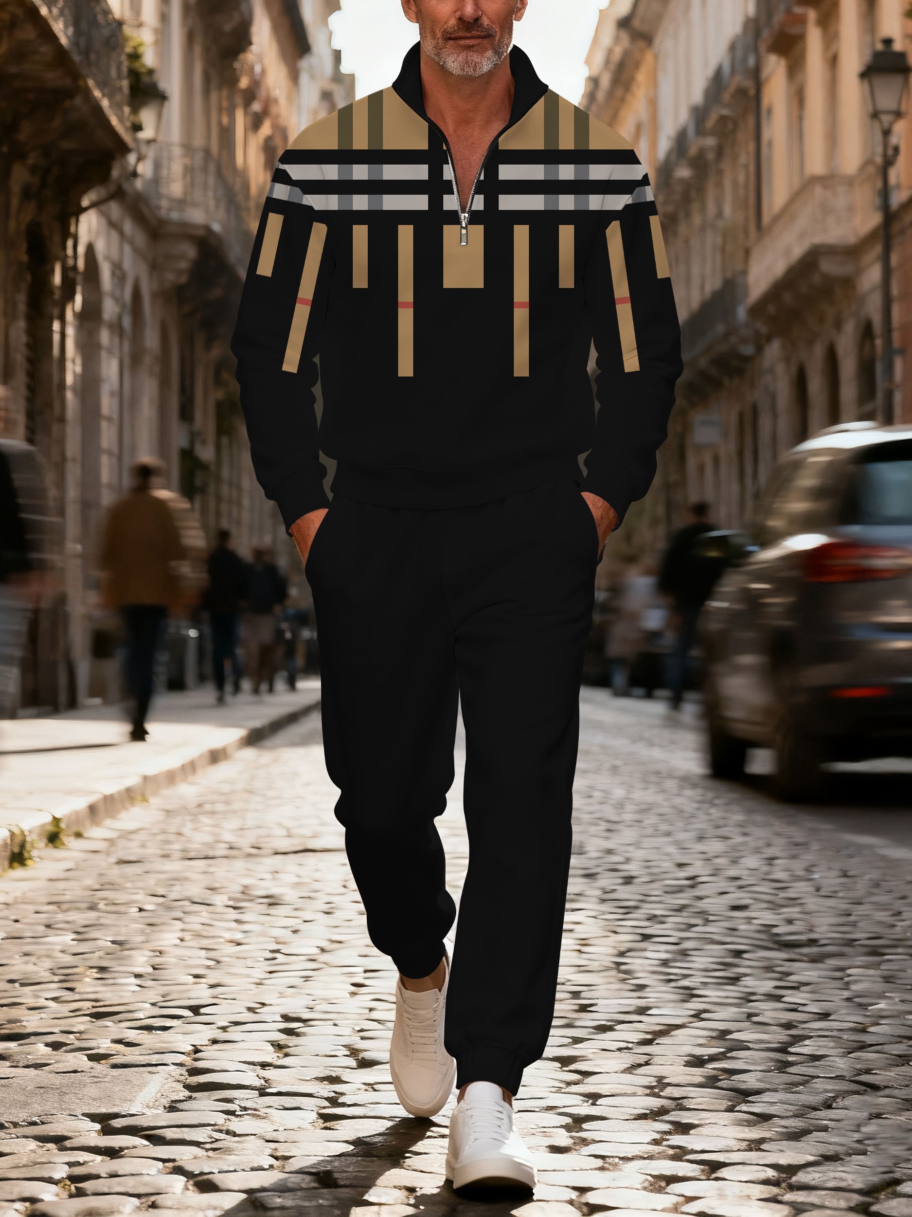 Men's casual black checkered zipper long-sleeved two-piece set