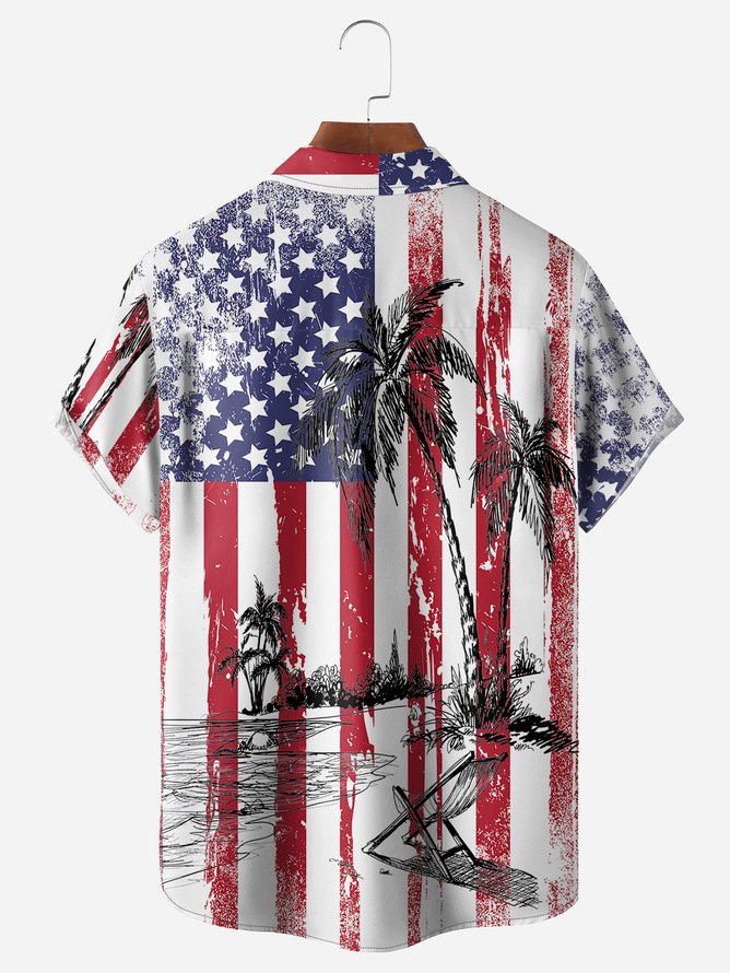 Tall Size Moisture-wicking Palm Tree American Flag Chest Pocket Hawaiian Shirt
