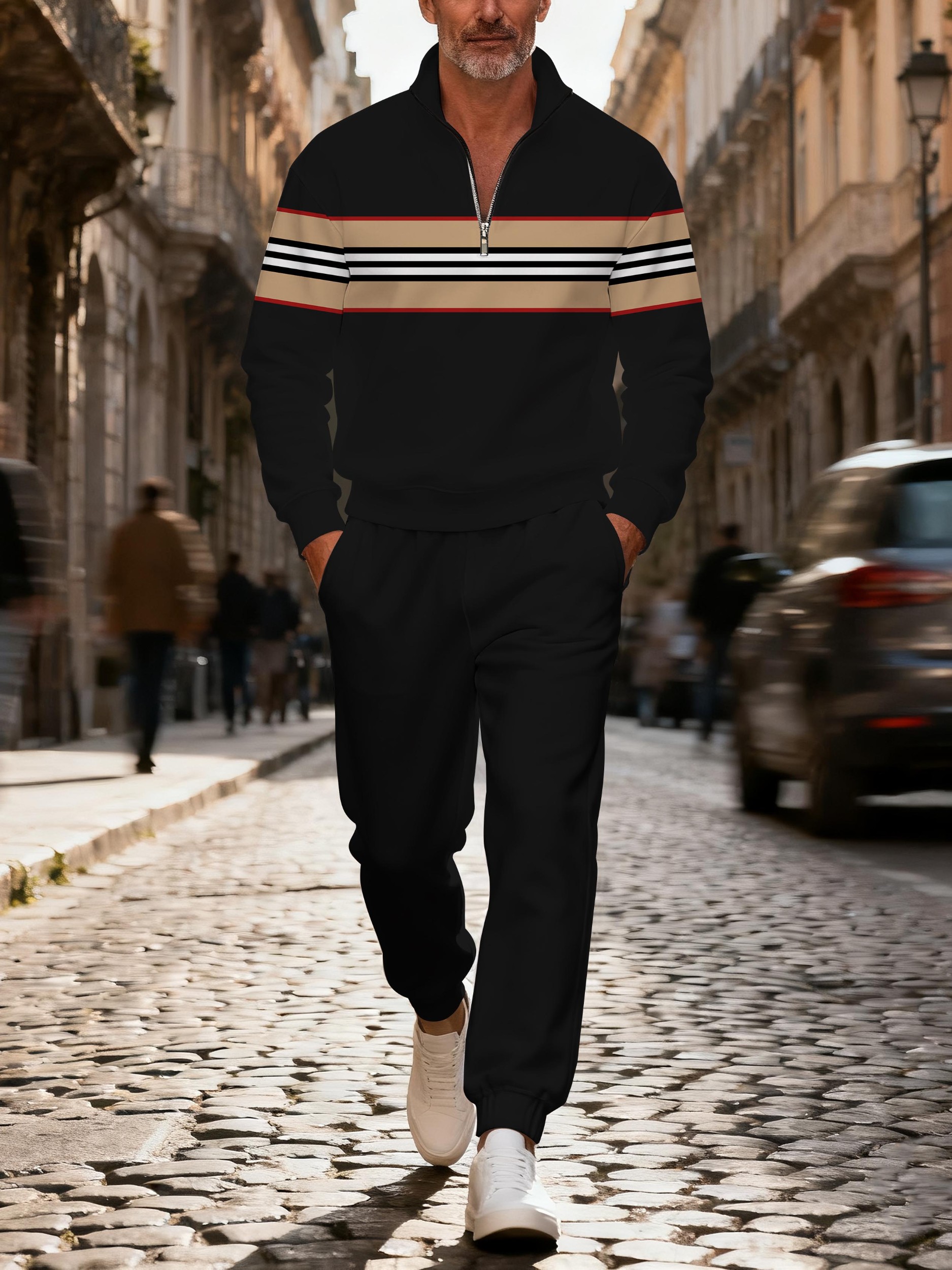 Men's stylish casual striped zipper long-sleeved two-piece set