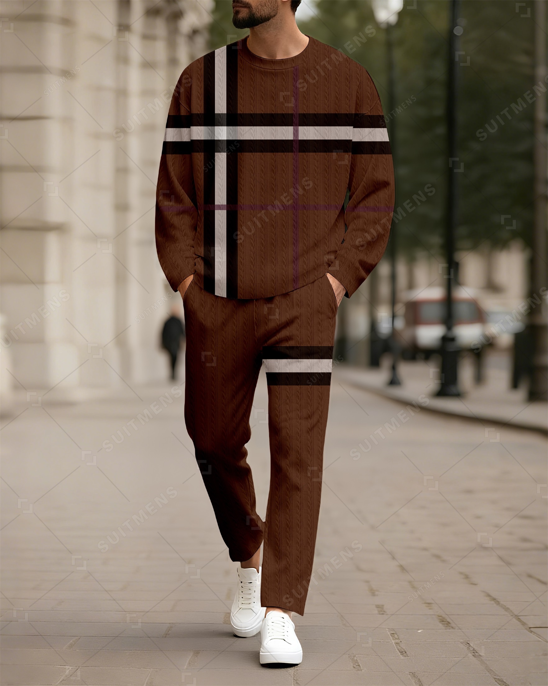 Men's New Colorblock Print Textured Long Sleeve Pants Set 007