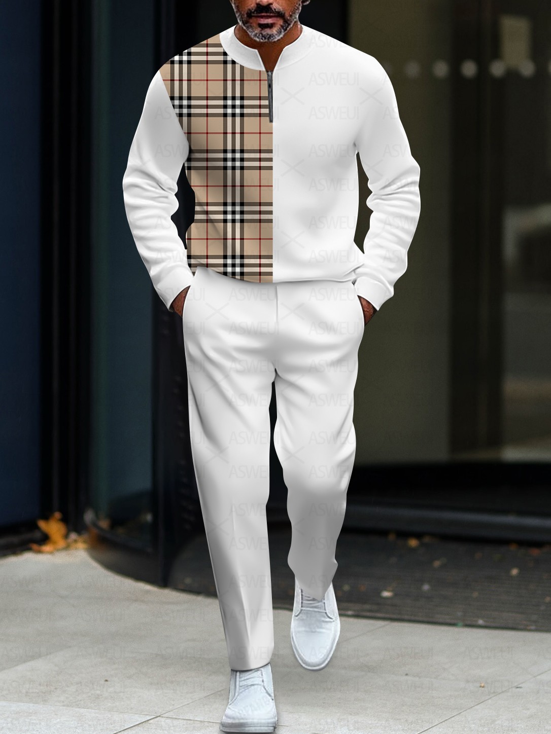 Men's fashionable casual plaid zipper long-sleeved two-piece set