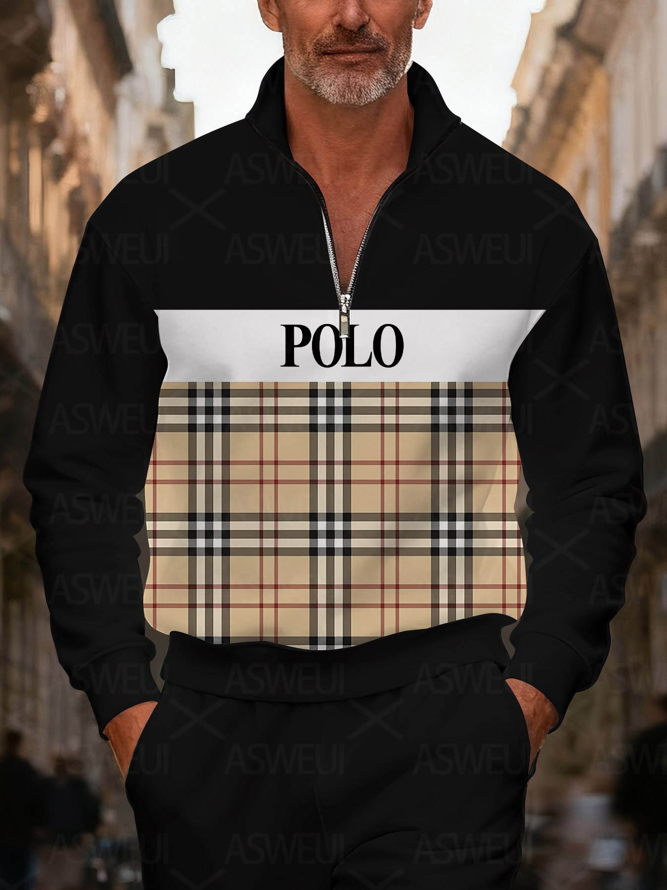 Men's fashionable black geometric print zipper long-sleeved two-piece set