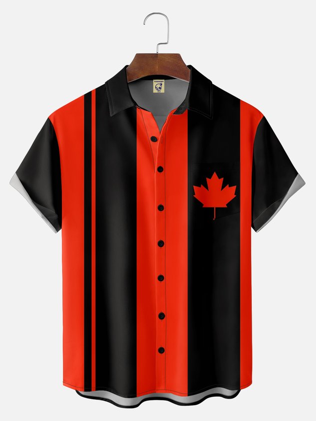 Big Size Moisture-wicking Breathable Canada Day Maple Leaf Chest Pocket Bowling Shirt