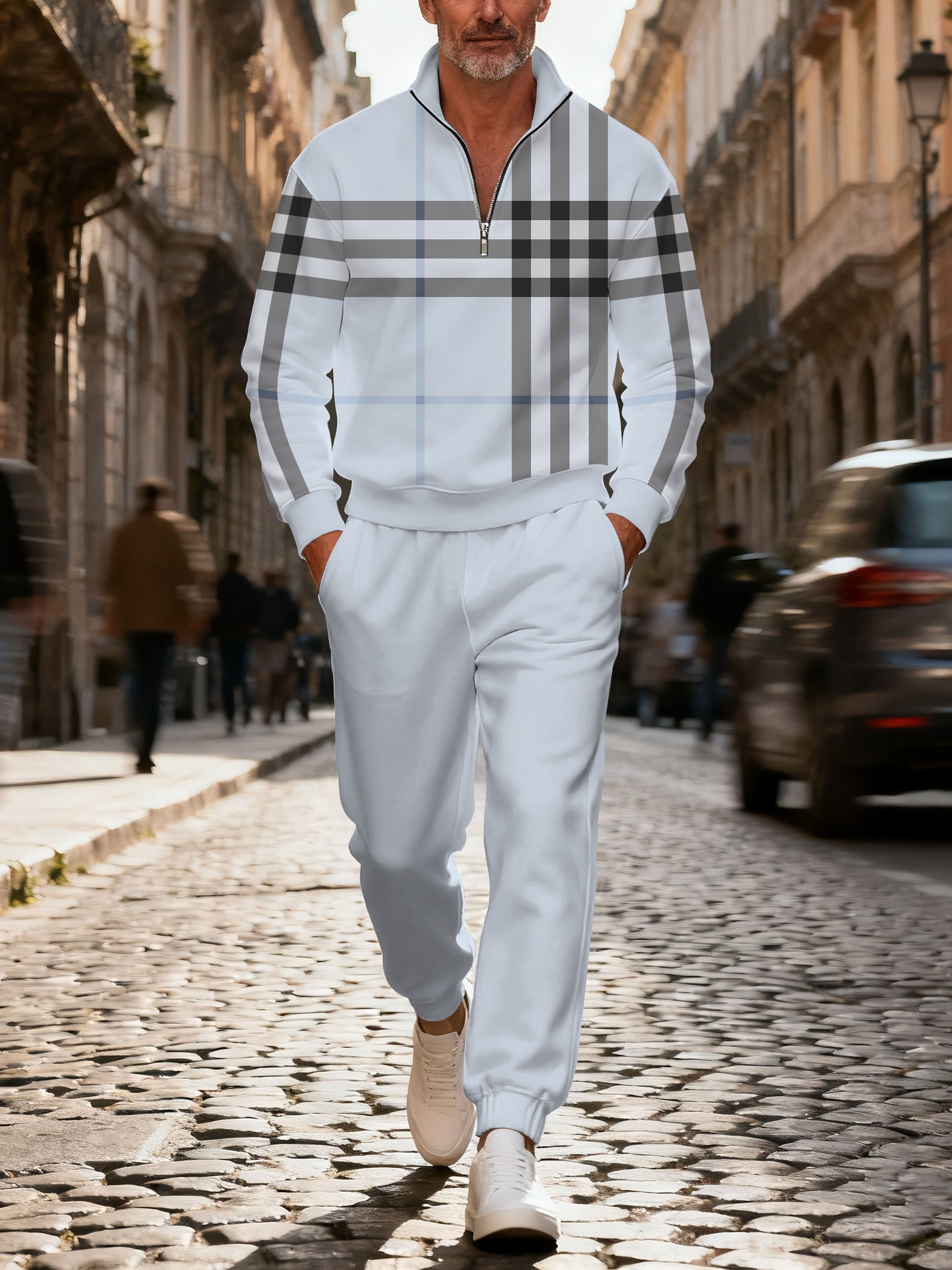 Men's casual checkered zipper long-sleeved two-piece set