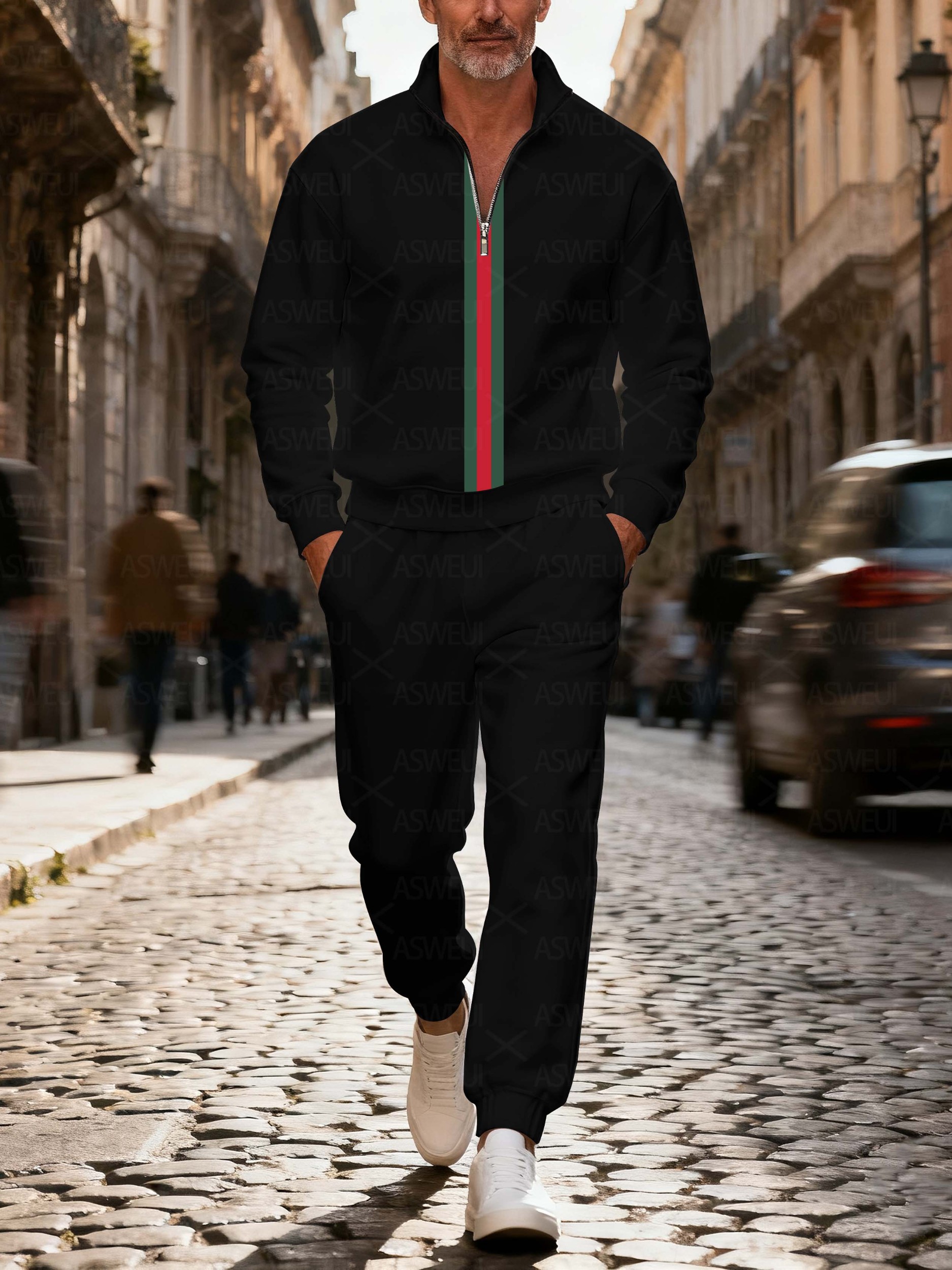 Men's fashionable black striped zipper long-sleeved two-piece set