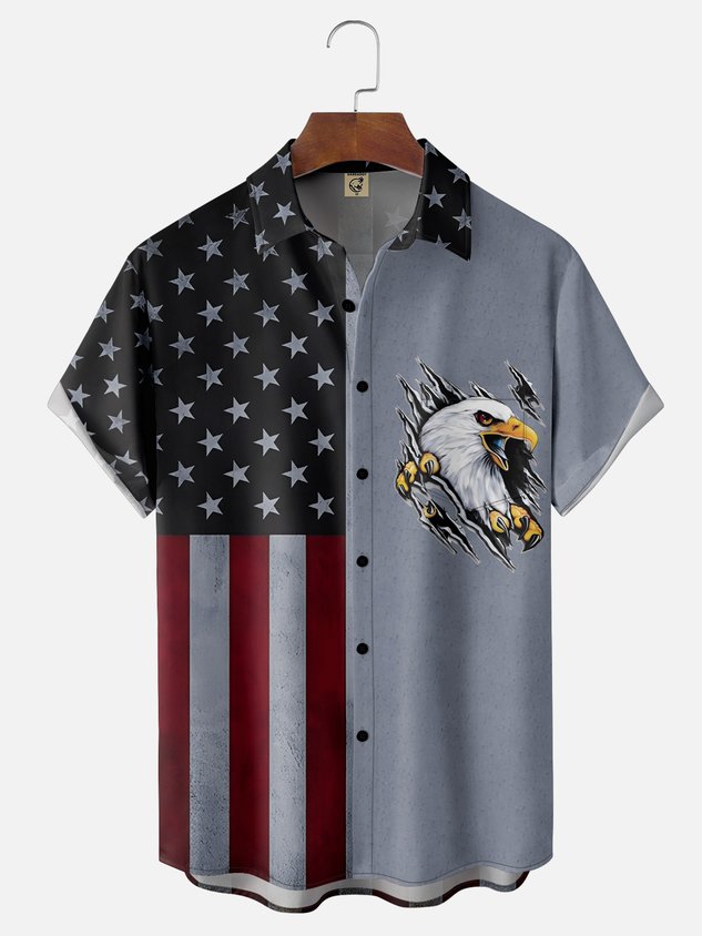Tall Size Moisture-wicking Memorial Day American Flag American Eagle Chest Pocket Casual Shirt
