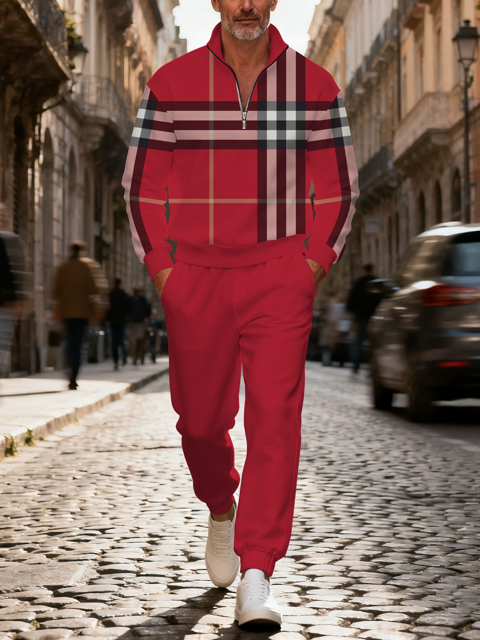 Men's casual checkered zipper long-sleeved two-piece set