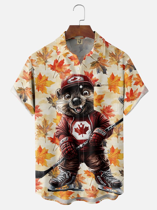 Moisture-wicking Beavers Ice Hockey Canada Day Chest Pocket Casual Shirt