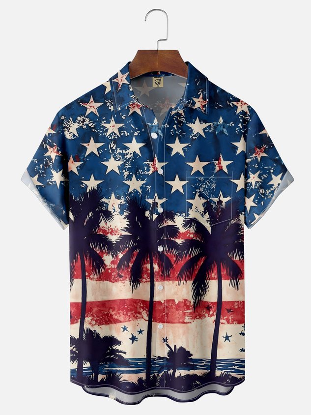 Moisture-wicking American Flag Palm Tree Chest Pocket National Patriotic Shirt