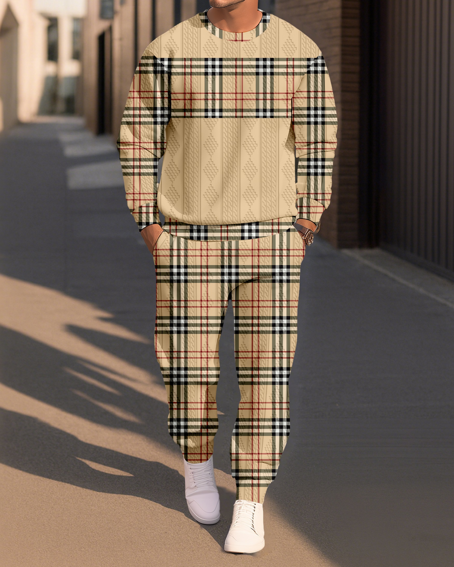 Men's Textured Jacquard Crew Neck Casual Sports Set 080