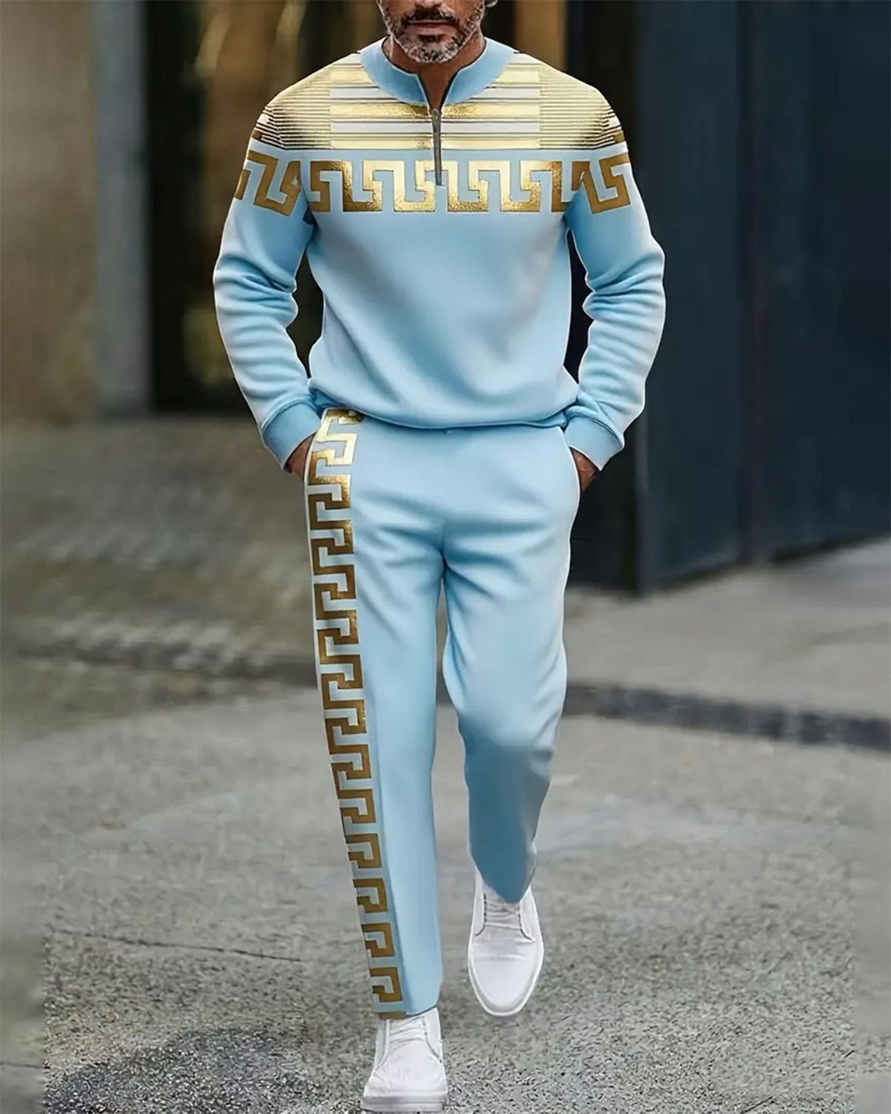 Men's Luxurious Printed Long Sleeve Trousers Suit 035