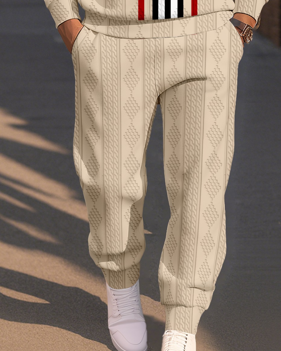 Men's Textured Jacquard Crew Neck Casual Sports Set 081
