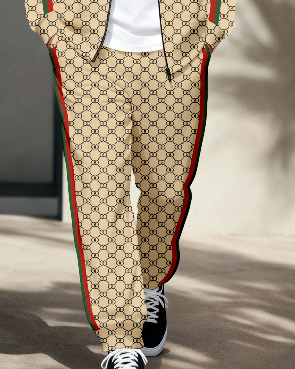 Men's Retro Luxury Thickened Fleece Colorblock Jacket Sports Hoodie Set 02