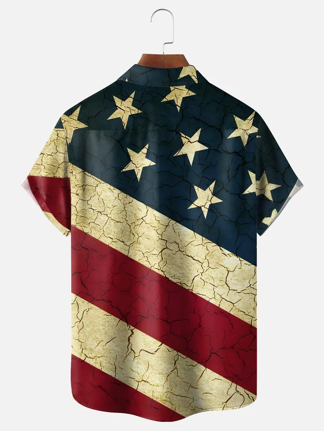 Tall Size Moisture-wicking American Flag Chest Pocket Casual Shirt