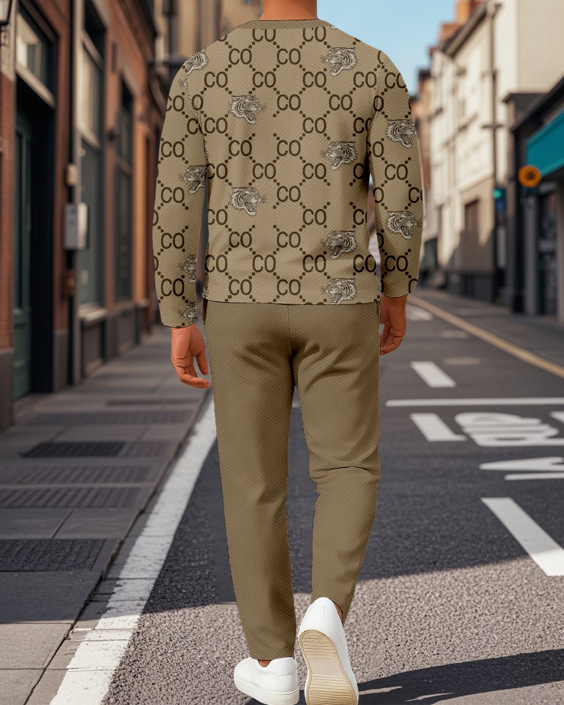 Men's Colorblock Printed Textured Long Sleeve -Sleeved Trousers Suit 041