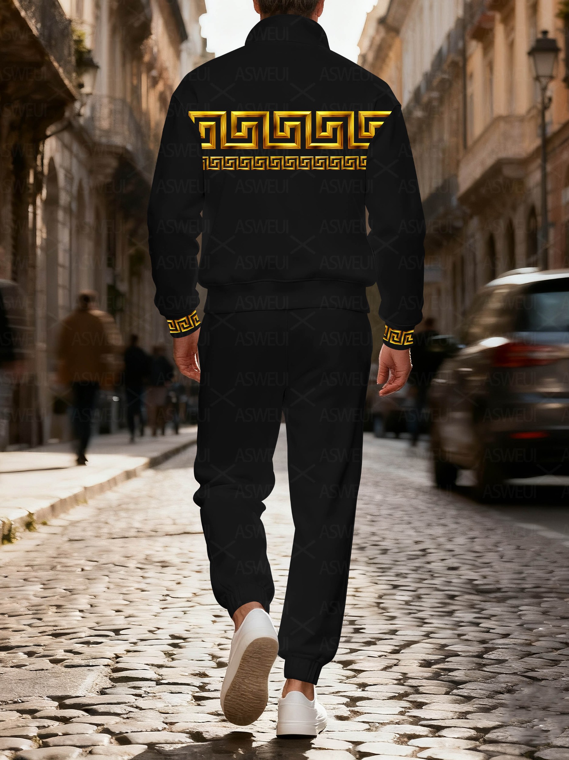 Men's fashionable black and gold geometric print zipper long-sleeved two-piece set