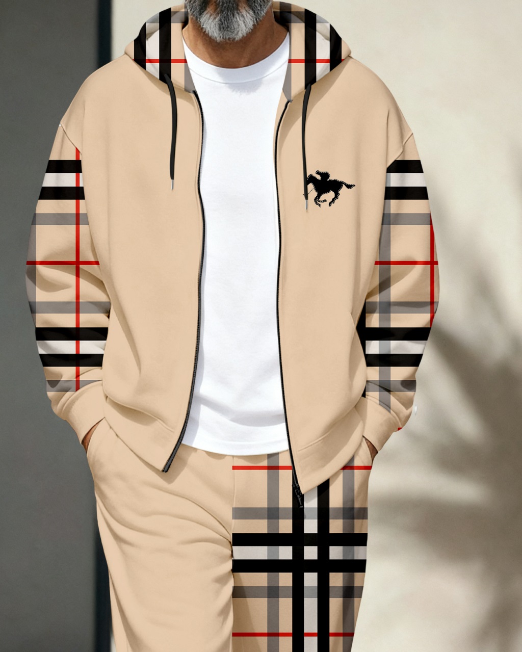 Men's Retro Luxury Thickened Fleece Colorblock Jacket Sports Hoodie Set 01