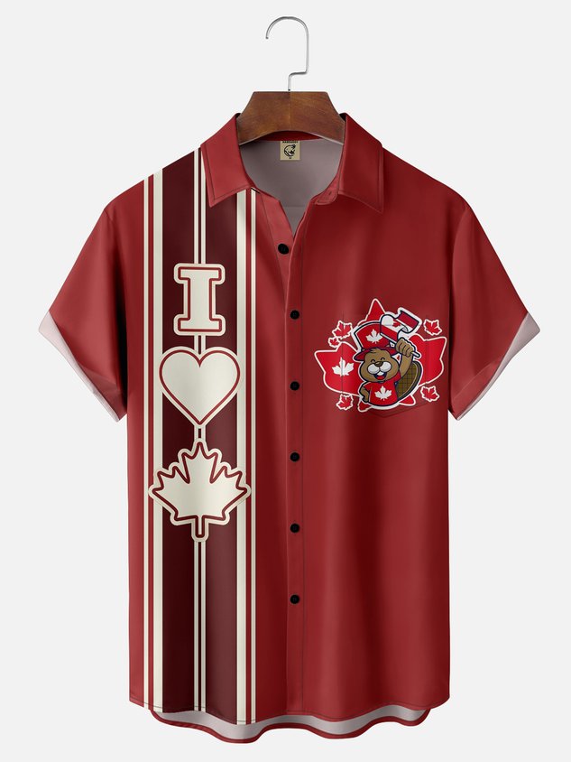 Moisture-wicking "I Love Canada" Art Canada Day Chest Pocket Bowling Shirt