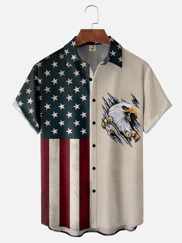 Tall Size Moisture-wicking Memorial Day American Flag American Eagle Chest Pocket Casual Shirt