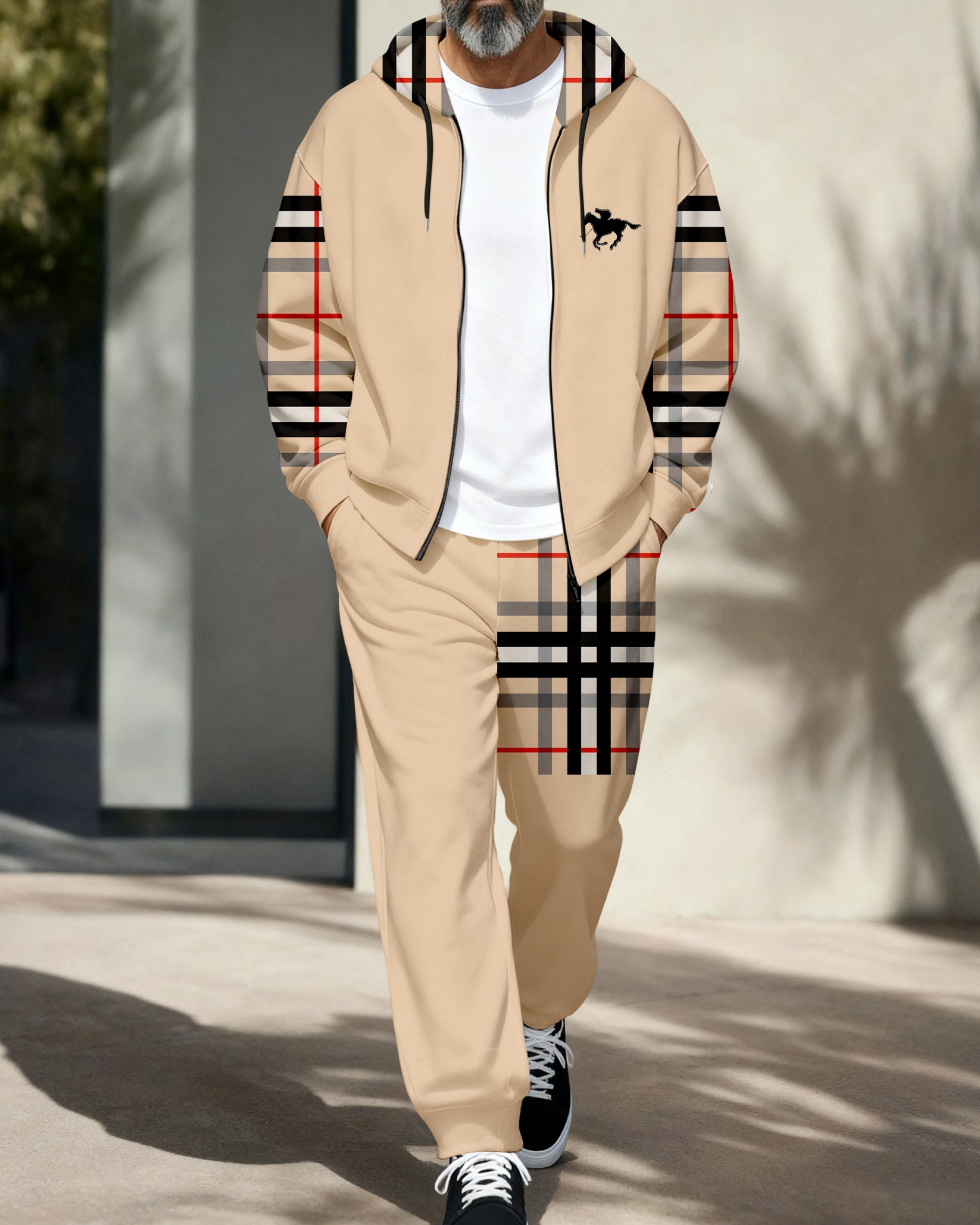 Men's Retro Luxury Thickened Fleece Colorblock Jacket Sports Hoodie Set 01