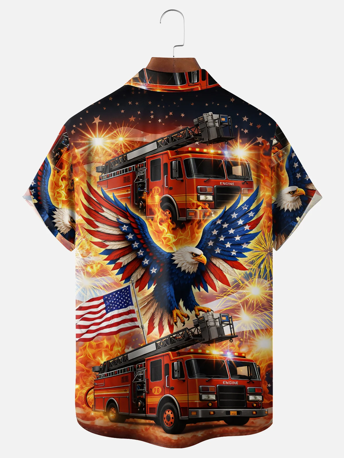 Moisture Wicking American Flag Gradient Colors American Eagle Fire Truck Chest Pocket Holiday Shirt