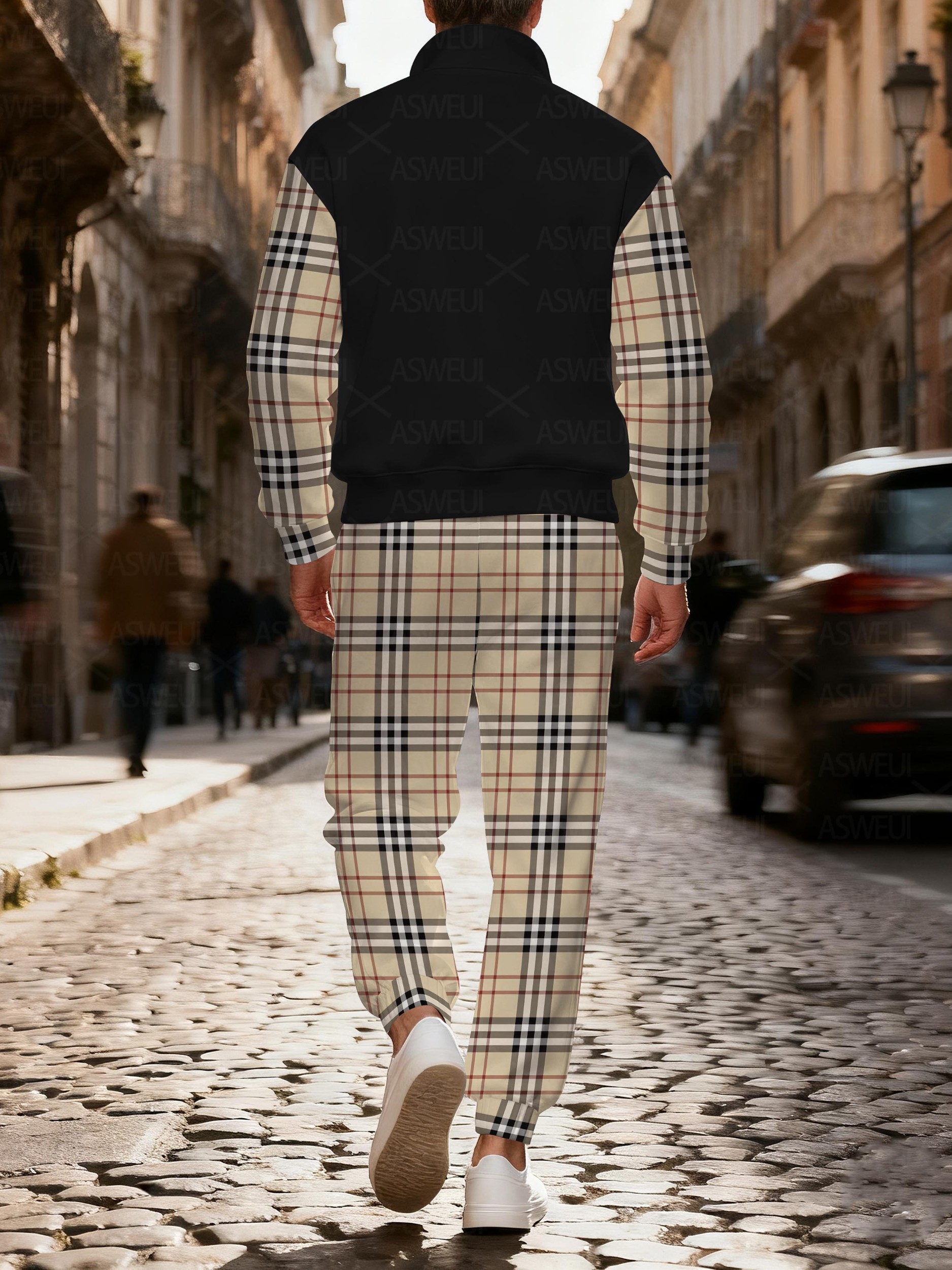 Men's stylish casual checkered print zipper long-sleeved two-piece set