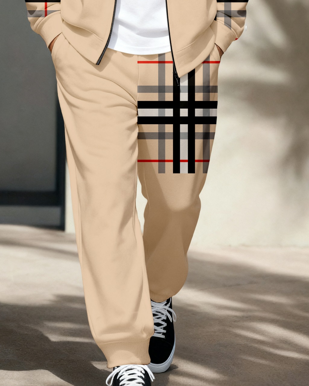 Men's Retro Luxury Thickened Fleece Colorblock Jacket Sports Hoodie Set 01